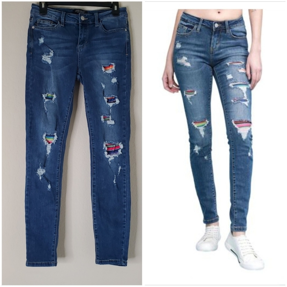 Judy Blue Women Skinny Jeans Size 28 Serape Patch Distressed Mexican Aztec Denim